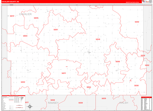 Cavalier County, ND Wall Map Red Line Style