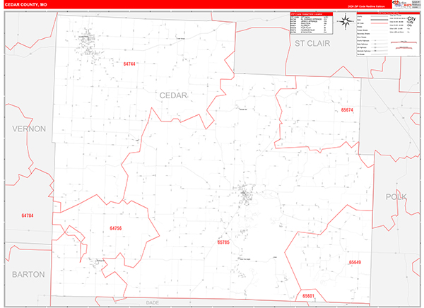 Cedar County, MO Map Red Line Style