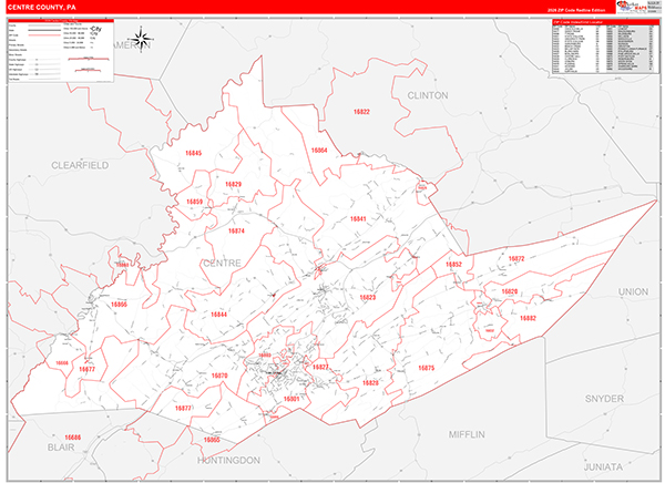 Centre County, PA Wall Map Red Line Style