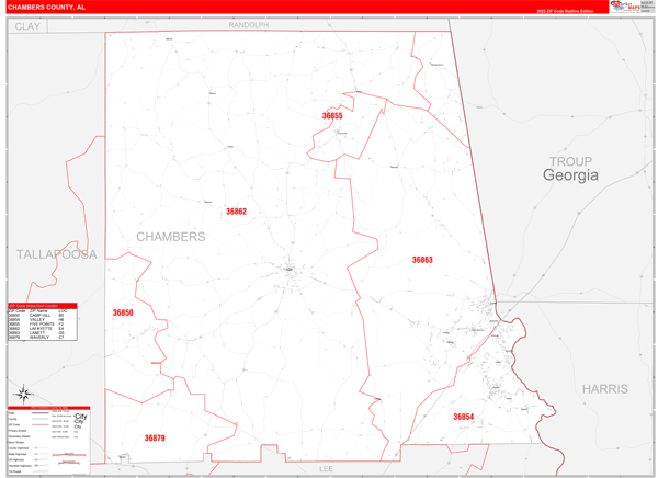 Chambers County Wall Map Red Line Style