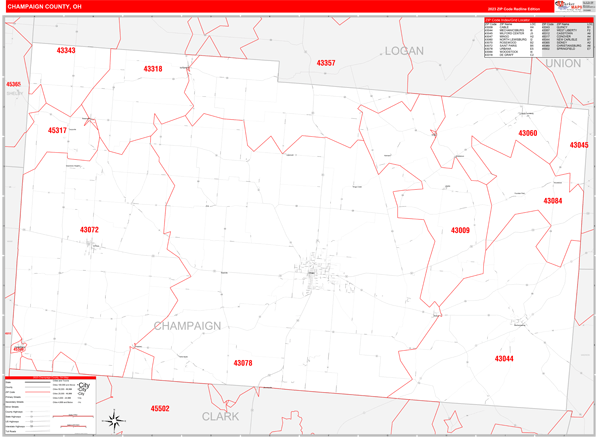 Champaign County Wall Map Red Line Style