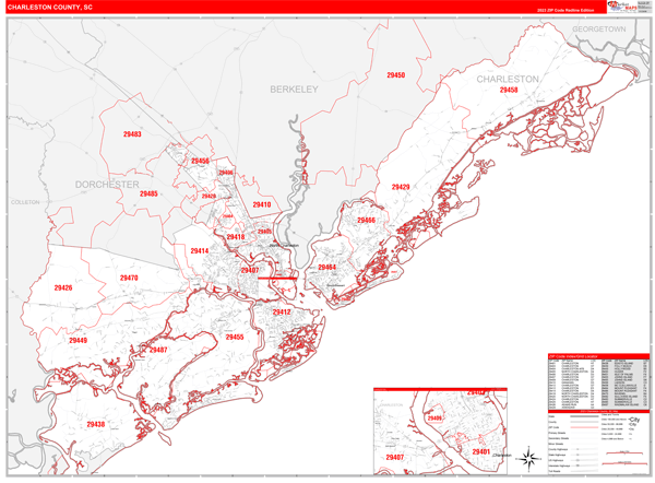Charleston County, SC Wall Map Red Line Style