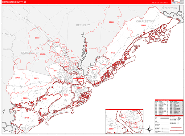 Charleston County, SC Zip Code Wall Map