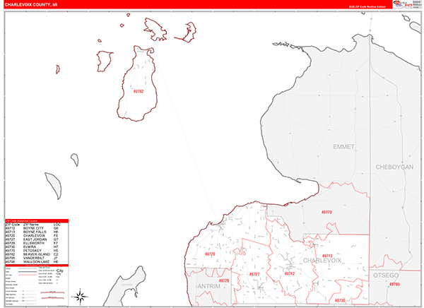 Charlevoix County, MI Zip Code Map