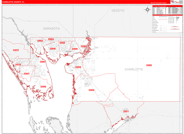 Charlotte County, FL Zip Code Wall Map Red Line Style by MarketMAPS