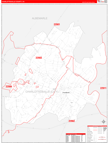 Charlottesville County, VA Zip Code Wall Map Red Line Style by ...