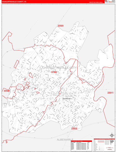 Charlottesville County, VA Zip Code Wall Map