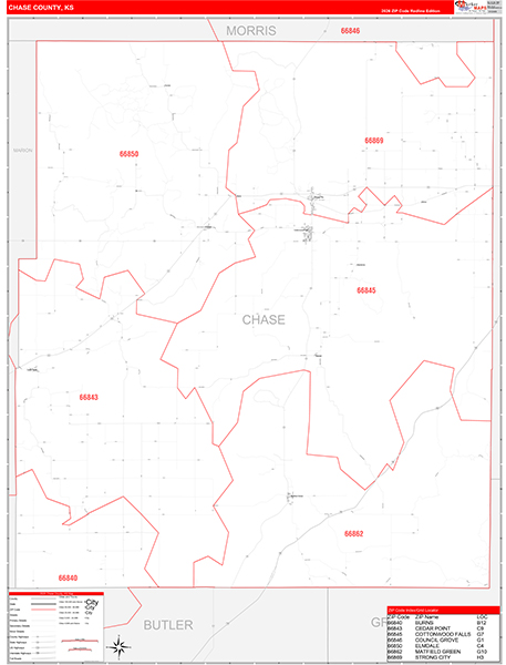 Chase County, KS Zip Code Wall Map