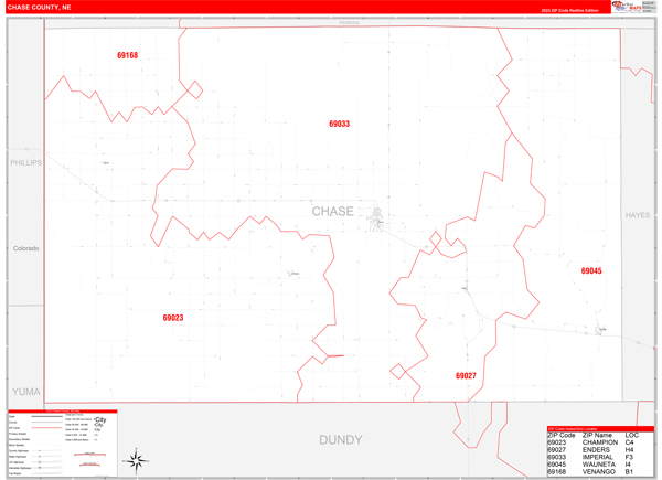 Chase County, NE Zip Code Wall Map