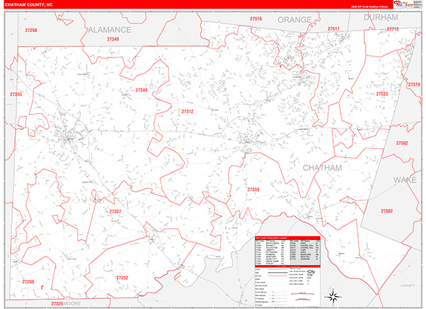 Chatham County, NC Wall Map Red Line Style
