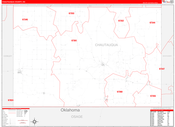 Chautauqua County, KS Zip Code Wall Map