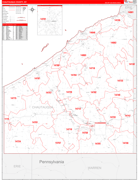 Chautauqua County, NY Wall Map Red Line Style