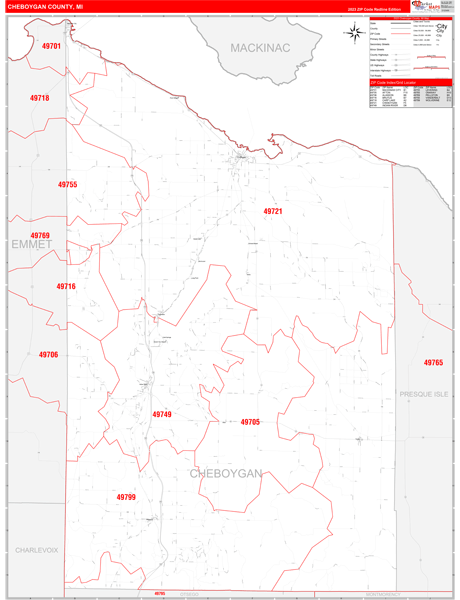 Cheboygan County, MI Zip Code Wall Map