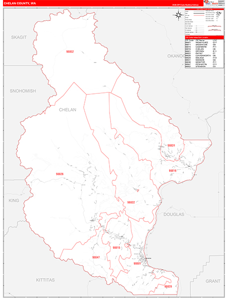 Chelan County, WA Wall Map Red Line Style