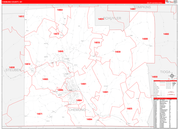 Chemung County Digital Map Red Line Style