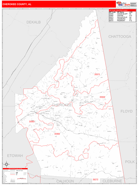 Cherokee County Wall Map Red Line Style