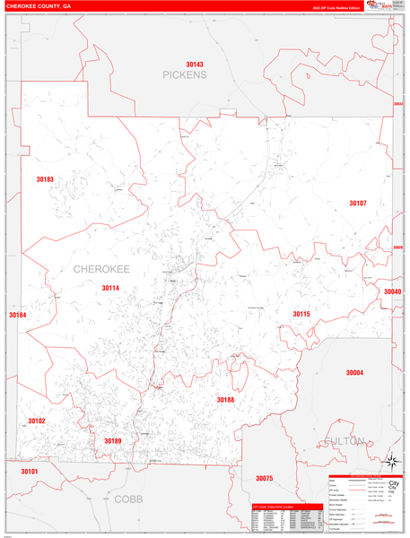 Cherokee County Zip Code Map Cherokee County, GA Zip Code Wall Map Red Line Style by MarketMAPS