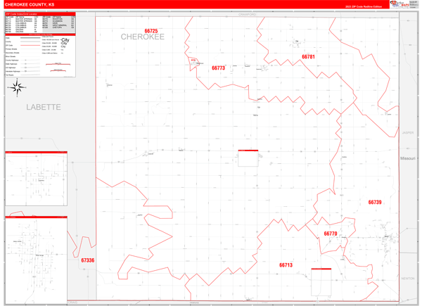 Cherokee County, KS Wall Map Red Line Style