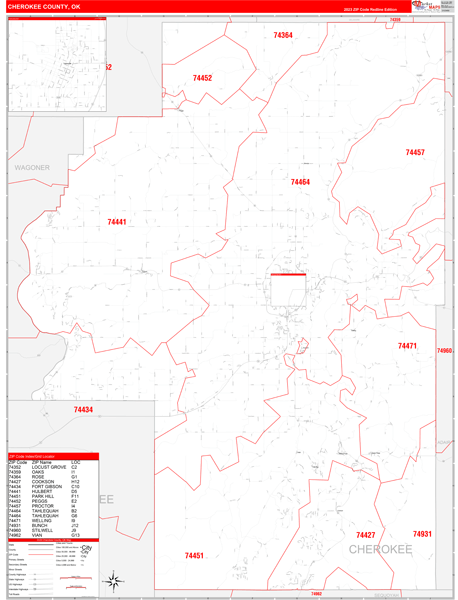 Cherokee County, OK Wall Map Red Line Style