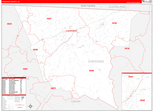 Cherokee County SC Zip Code Wall Map Red Line Style by MarketMAPS