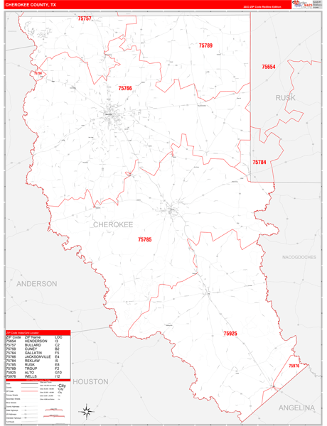 Cherokee County, TX Wall Map Red Line Style