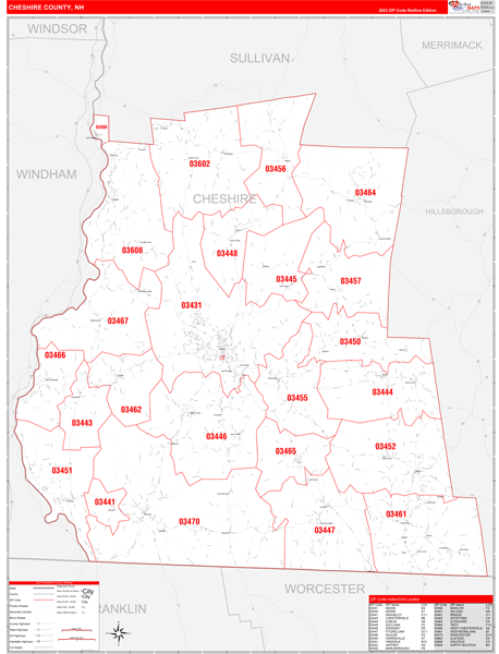 Cheshire County, NH Zip Code Wall Map