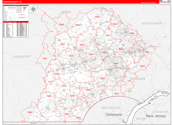 Chester County, PA Zip Code Wall Map