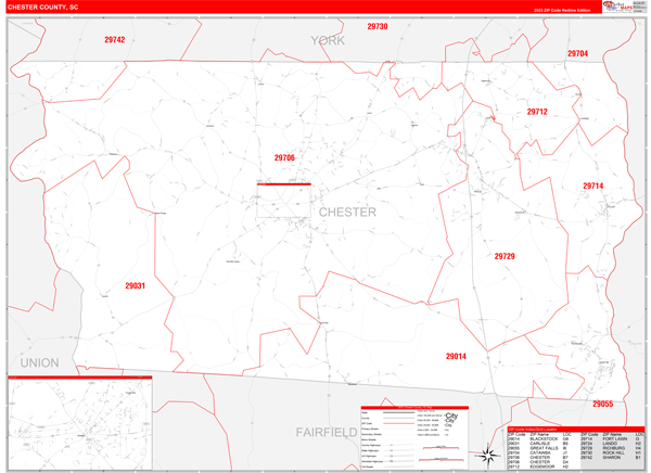 Chester County Wall Map Red Line Style