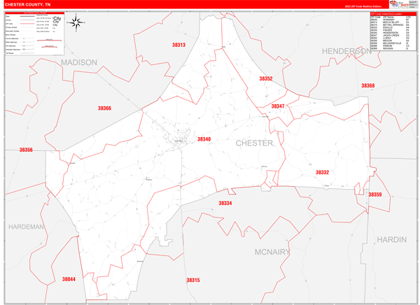 Chester County Wall Map Red Line Style