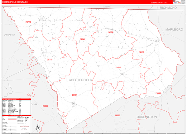 Chesterfield County, SC Zip Code Wall Map