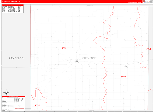Cheyenne County, KS Wall Map Red Line Style