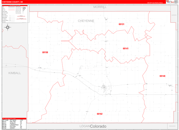 Cheyenne County, NE Zip Code Wall Map Red Line Style by MarketMAPS