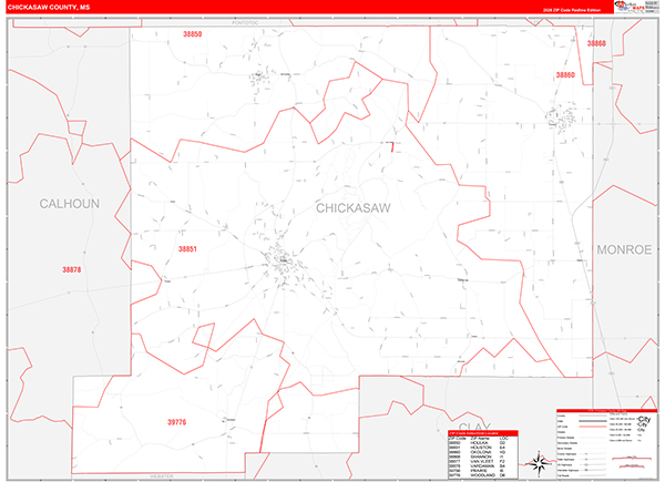 Chickasaw County, MS Zip Code Map
