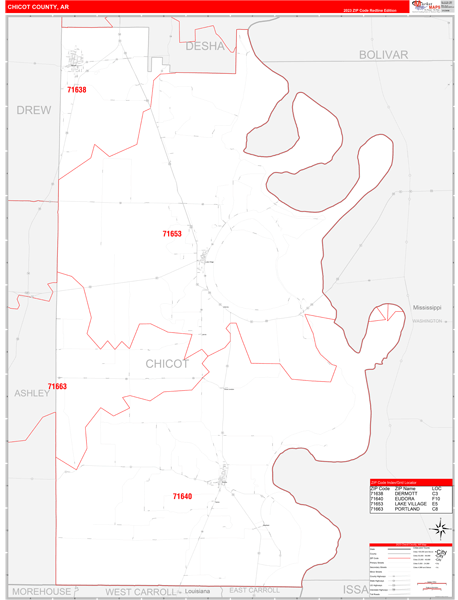 Chicot County, AR Wall Map Red Line Style