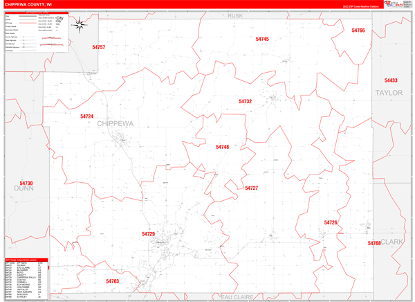 Chippewa County Wall Map Red Line Style
