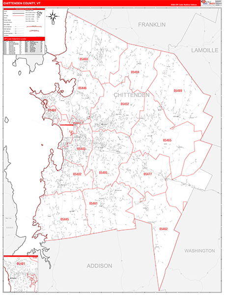 Chittenden County, VT Zip Code Wall Map
