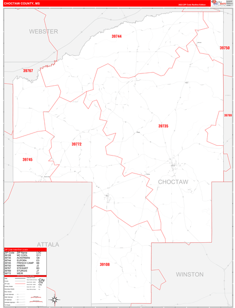 Choctaw County, MS Wall Map Red Line Style