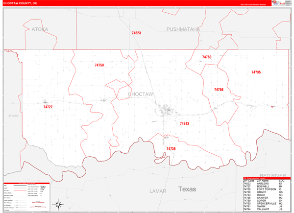 Choctaw County, OK Wall Map Red Line Style