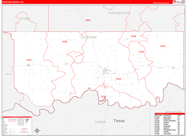 Choctaw County, OK Carrier Route Wall Map