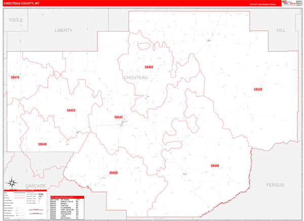 Chouteau County Wall Map Red Line Style