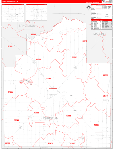 Christian County, IL Zip Code Wall Map