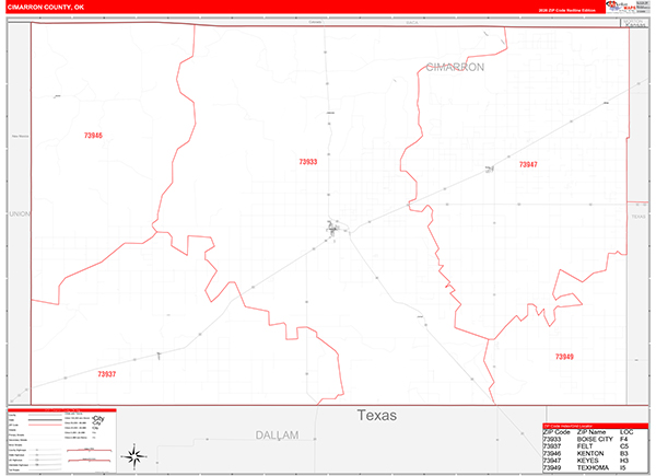 Cimarron County, OK Zip Code Wall Map