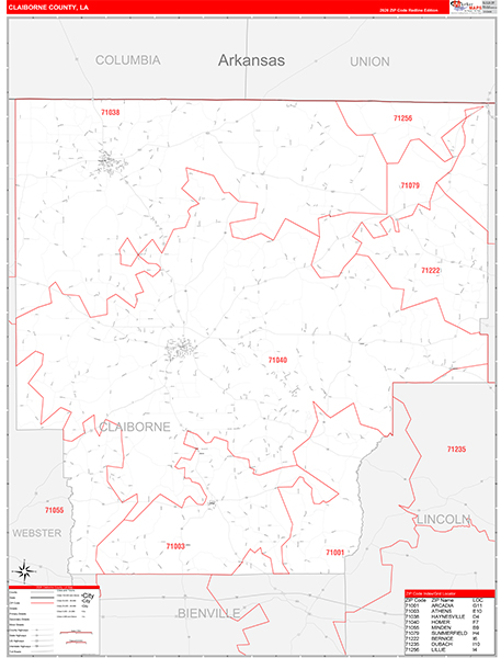 Claiborne Parish (County), LA Wall Map Red Line Style
