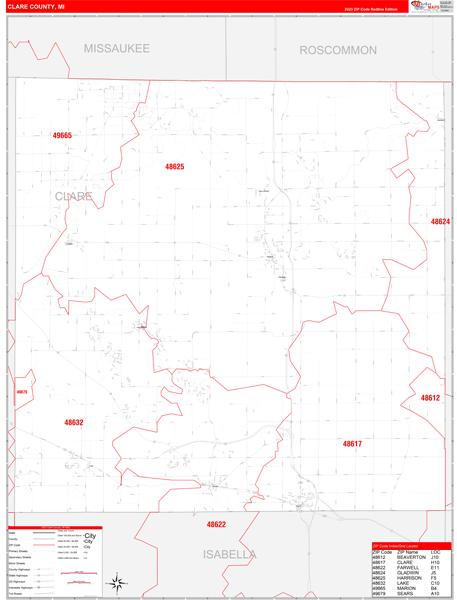 Clare County Digital Map Red Line Style