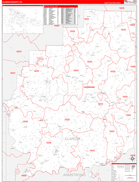 Clarion County, PA Wall Map Red Line Style