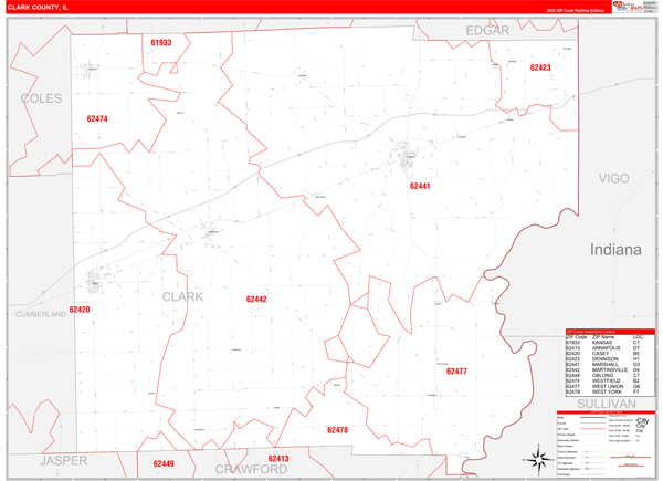 Clark County, IL Zip Code Wall Map