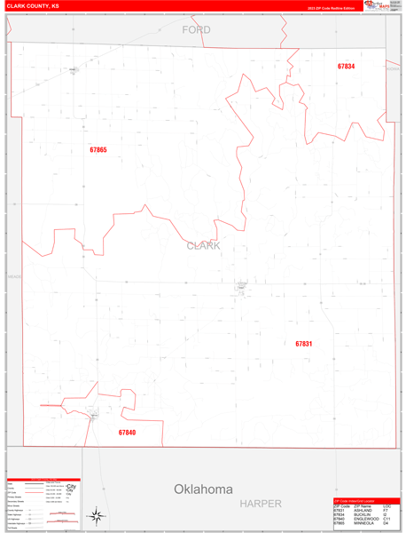 Clark County, KS Wall Map Red Line Style