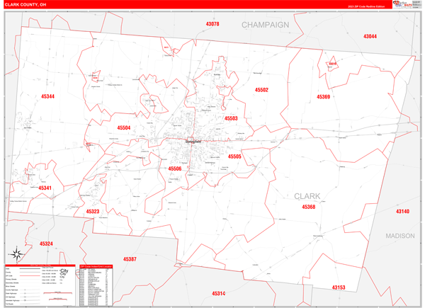 Clark County Oh Zip Code Wall Map Red Line Style By Marketmaps Images