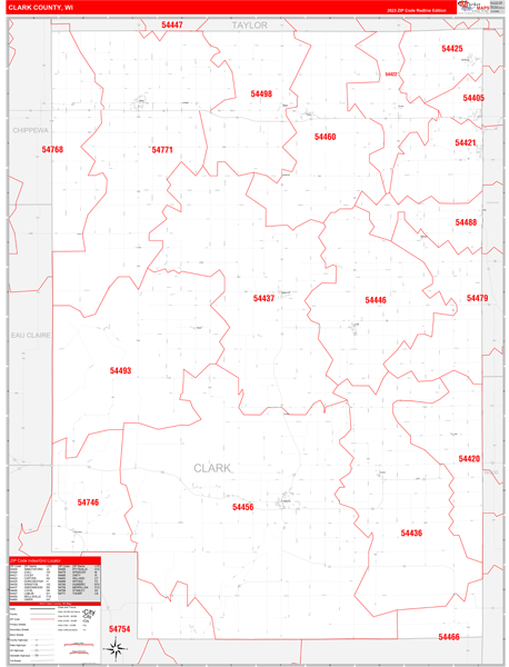 Clark County, WI Wall Map Red Line Style