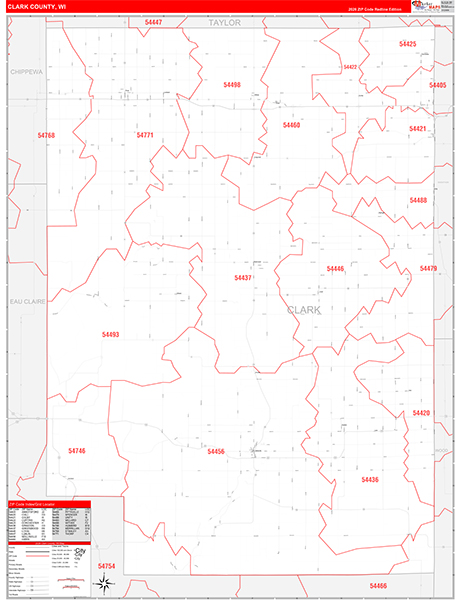 Clark County, WI Zip Code Wall Map